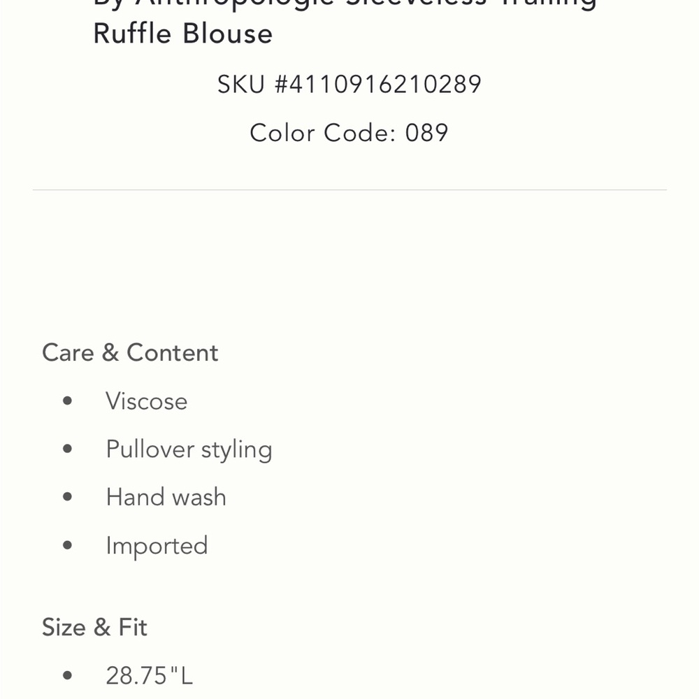 By Anthropologie Sleeveless Trailing Ruffle Blouse S NWT - Picture 16 of 16